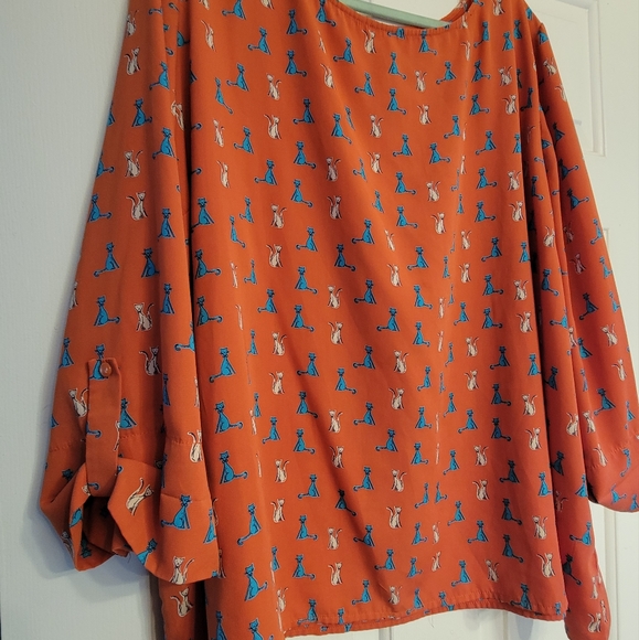 Pink Owl Tops - Plus size mod style polyester orange dress shirt with cat pattern